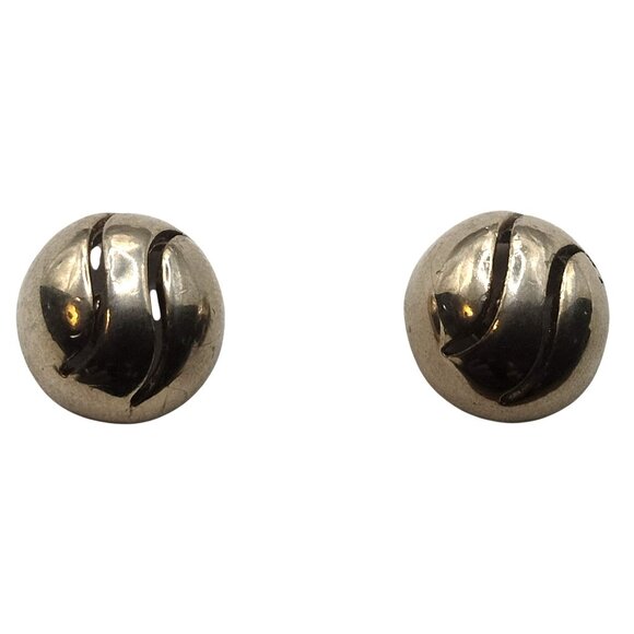 Gold Tone Earrings Dome Etched Ribbed Open Work Pierced Post - Picture 2 of 5